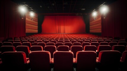 Empty cinema theater with red seats and curtains - An image capturing the ambiance of an empty cinema theater with vibrant red seats and curtains, conveying silence and anticipation - obrazy, fototapety, plakaty