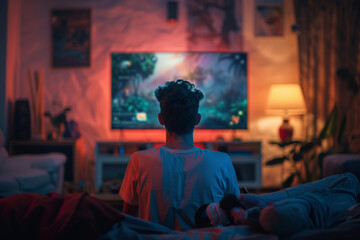 Gamer playing video game in a cozy room with ambient lighting