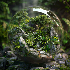 A tranquil Zen garden with carefully placed rocks and lush greenery, encapsulated within a serene 3D glass globe.