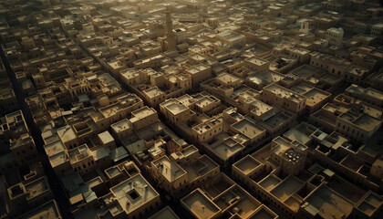 Drone's Eye View: Dusty Middle Eastern Muslim City at Sunset beautiful cityscape roofs texture background. Capturing the Magic of Golden Hour Travel, Muslim Culture, and Aerial Beauty.