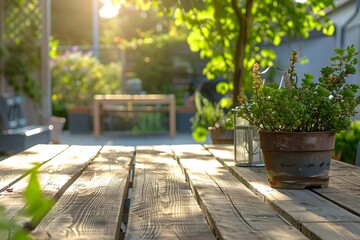 Fototapeta na wymiar wooden table in the garden with warm sunlight mockup background generative ai
