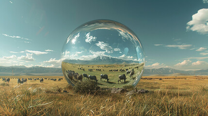 A vast expanse of rolling plains and grasslands, home to roaming herds of wild animals, enclosed within a boundless 3D glass globe. - obrazy, fototapety, plakaty