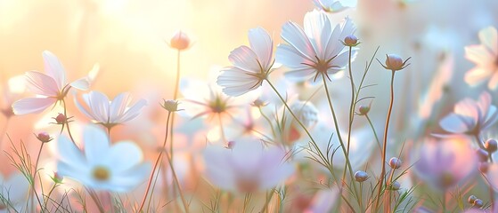 field of white cosmos flowers swaying gently in the summer breeze. Bathed in warm sunlight generative ai