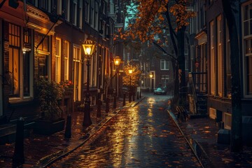 Fototapeta na wymiar city wet road street evening illumination