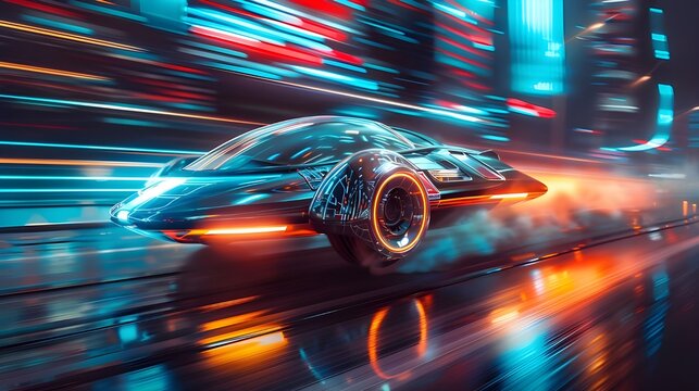 Futuristic hovercar in the city, future creative running car concept long exposure neon light effect background HD wallpaper