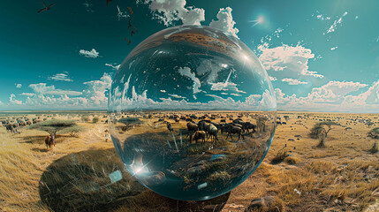 A vast savanna stretching into the horizon, featuring roaming herds of wildlife, encased within a stunning 3D glass globe. - obrazy, fototapety, plakaty