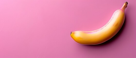  A yellow banana rests atop a pink background beside a discarded banana peel on the same surface - obrazy, fototapety, plakaty