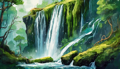 Big waterfall with green moss at the edge of it. Abstract art. Beautiful natural landscape. - obrazy, fototapety, plakaty