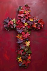 Autumnal vine leaves form a cross against a rich red backdrop, symbolizing seasonal financial transitions.