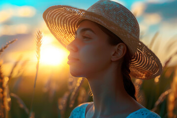 Woman enjoying serene sunset amidst wheat field wearing straw hat
