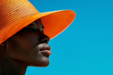 Profile of African woman with orange hat against blue sky