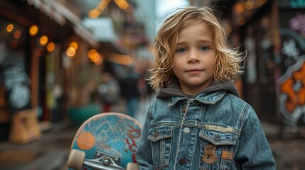 A young boy in a casual yet stylish denim outfit, posing with a skateboard, embodying a cool, carefree spirit against an urban landscape Captured in 16k, realistic, full ultra HD, high resolution