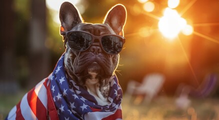 dog with glasses french bulldog at sunset
