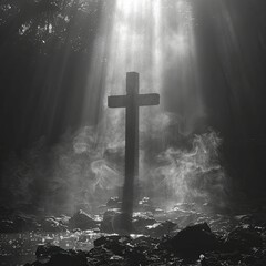 A cross of rays peeking through a dense fog, misty background for navigating financial uncertainties.