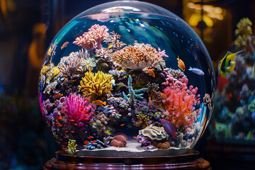 A vibrant coral reef ecosystem encapsulated within a transparent 3D glass globe, showcasing a kaleidoscope of colors and diverse marine species.