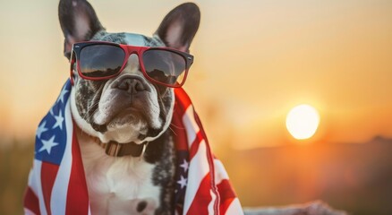 dog with glasses french bulldog at sunset