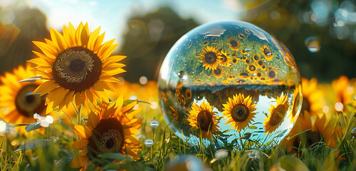 A vibrant field of sunflowers swaying in the breeze, their golden petals stretching across the surface of a 3D glass globe.