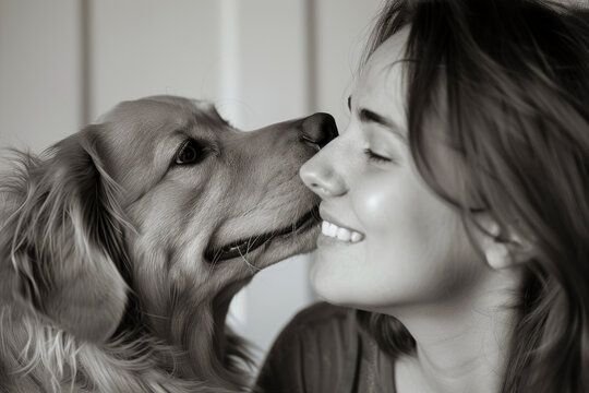 Woman smiling with dog licking her face, black and white, close-up, affectionate moment, indoor, joyful expression, pet bonding