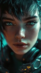 A close-up of a cyberpunk girl's face is shown. She has short black hair and blue eyes. She wears a black jacket with silver accents and a nose ring.