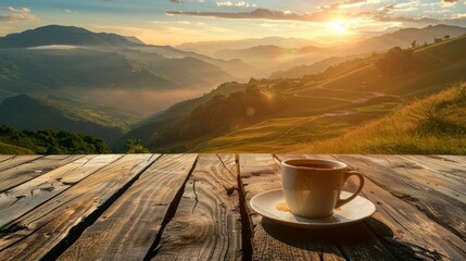 cup of coffee table beautiful landscape - obrazy, fototapety, plakaty