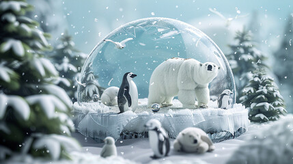 An arctic landscape blanketed in snow and ice, featuring polar bears and penguins, enclosed within a frosty 3D glass globe. - Powered by Adobe