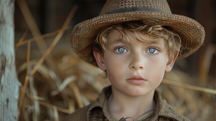 A young boy in a charming country attire, his connection to nature evident, set against a rustic farm setting Captured in 16k, realistic, full ultra HD, high resolution, and cinematic photography