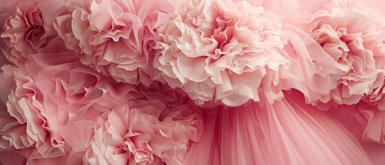   A close-up of a pink dress with frills at the hemline and a flower on the waistline - obrazy, fototapety, plakaty