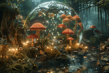 An enchanted forest realm encased in a transparent 3D glass globe, with glowing mushrooms, sparkling streams, and ethereal wildlife. - obrazy, fototapety, plakaty