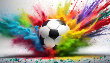 Dynamic Display: Colorful Rainbow Holi Paint Powder Explosion Featuring Prominent Soccer Ball