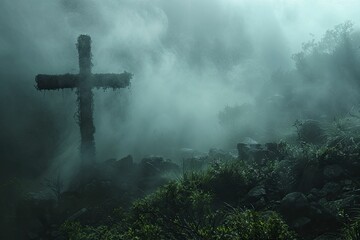 Cross silhouette seen through a foggy forest, mystery green background for exploring financial depths.