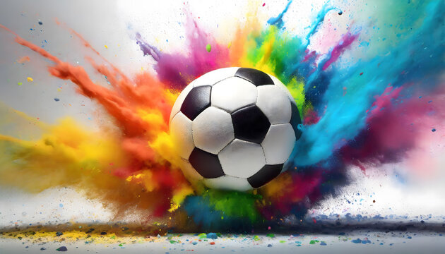 Spectacular Burst: Colorful Rainbow Holi Paint Powder Explosion Highlighting Soccer Ball at the Forefront