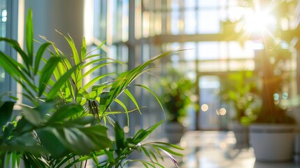Blurred modern glass office interior with green plants: business center, shopping mall, bank hall - corporate environment background for business concept