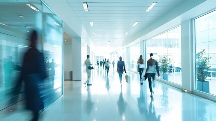 Blurred silhouettes of busy professionals in modern office setting, abstract business concept with motion blur