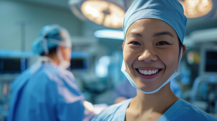 portrait of smiling face of asian woman operating room nurse assistant on background of operating room with copy space.