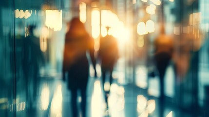 Fototapeta premium Blurred silhouettes of busy professionals in modern office setting, abstract business concept with motion blur