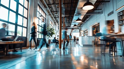 Dynamic office ambiance: blurred business space with engaged employees working together in modern workplace environment