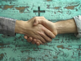 Signing contract and handshake forming a cross, negotiation concept on a deal green background for successful agreements.