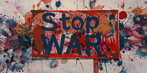 Graffiti-style 'Stop War' sign splattered with chaotic red and black paint.