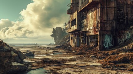An abandoned city on a beach with tall buildings and a cloudy sky.