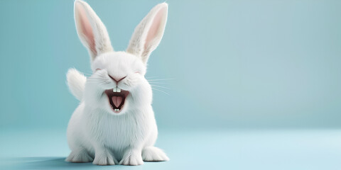A white rabbit with a surprised expression on its face