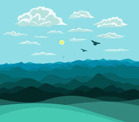 Mountains and hills blue landscape. Hand drawing. Not AI. Vector illustration.
