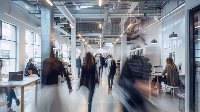 Dynamic office ambiance: blurred business space with engaged employees working together in modern workplace environment