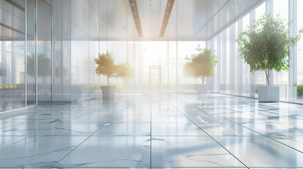 Enigmatic business ambiance: blurred office interior with soft light streaming through glass walls - conceptual image of lobby reception or meeting room atmosphere