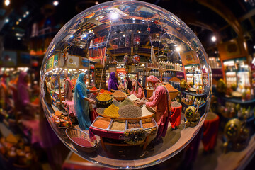 A bustling marketplace scene contained within a spherical 3D glass globe, with colorful stalls, exotic spices, and lively merchants haggling with customers. - obrazy, fototapety, plakaty