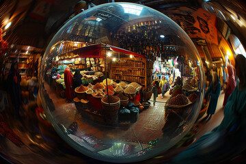 A bustling marketplace scene contained within a spherical 3D glass globe, with colorful stalls, exotic spices, and lively merchants haggling with customers.