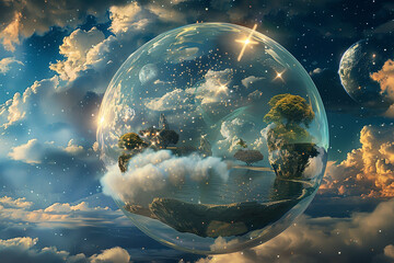 A celestial fantasy realm enclosed in a spherical 3D glass globe, with floating islands, ethereal clouds, and magical stardust shimmering in the night sky.