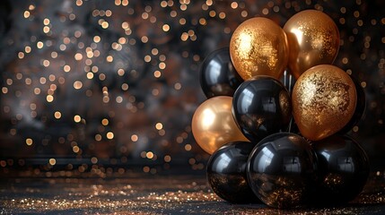 Naklejka premium Gold and black balloons create a stunning event decor, copy space