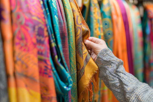 A person is looking at a rack of colorful scarves