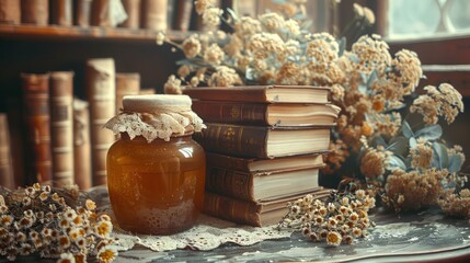 Vintage books with a honey jar and dried flowers on a table. Old books beside honey. Concept of comfort, autumn coziness, and timeless flavors.