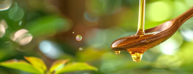 Golden honey dripping from a wooden spoon against a lush backdrop. Glistening honey in nature. Concept of organic production, pure ingredients, and natural environment. Banner. Copy space
